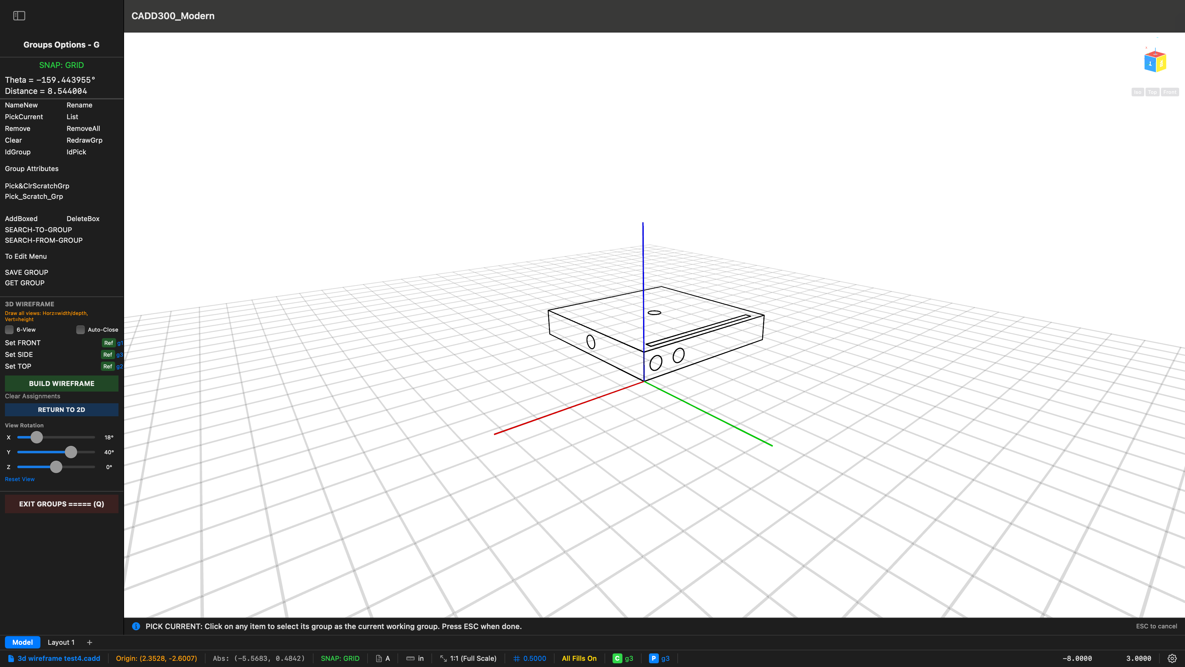 3D wireframe reconstruction in SceneKit showing the assembled object built from orthographic views